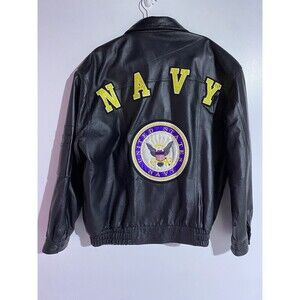 Vintage USA Navy Leather Bomber‎ Jacket Mens XL Black Spellout Motto Eagle Crest